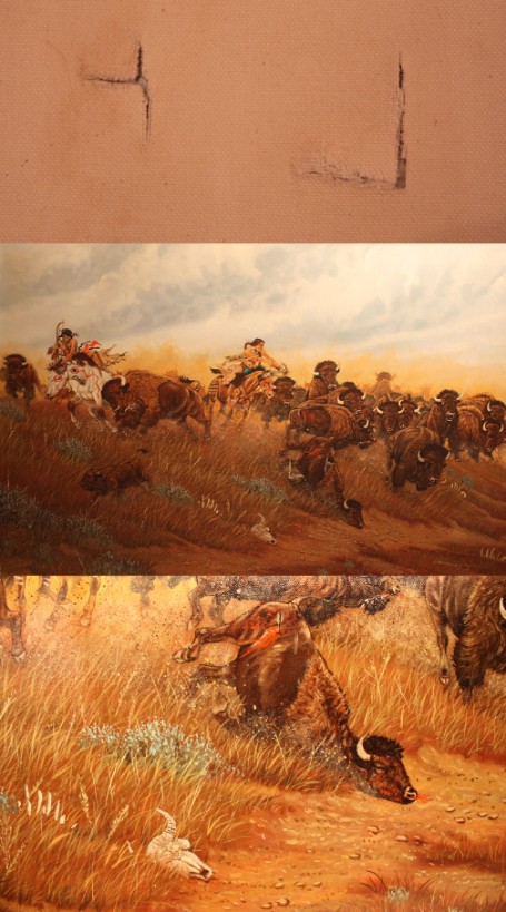 Acrylic painting of Native American hunting scene, signed Marchand